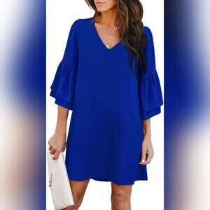 NWT BELONGSCI V Neck Bell Sleeve Mini Dress, Large (12-14)